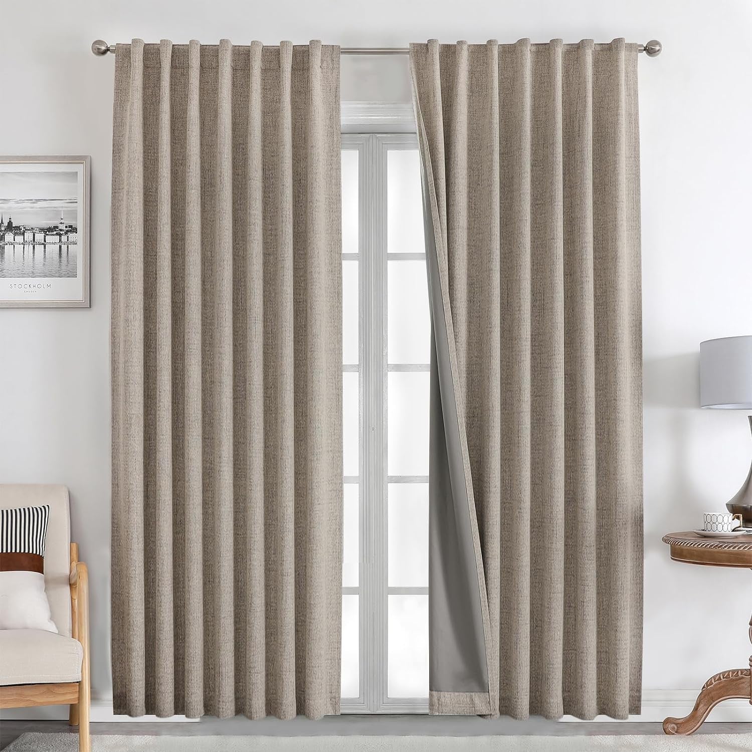 Natural Linen Curtains 84 Inch Length 2 Panels Set Burg 100% Blackout Thermal Insulated Back Tab Rod Pocket(52X84 Inch,Linen)