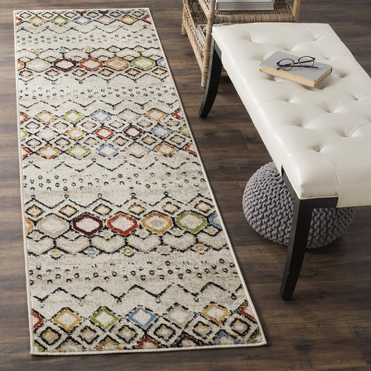 Amsterdam Collection Runner Rug - 2'3" X 10', Ivory & Multi, Moroccan Boho Design (AMS108K)