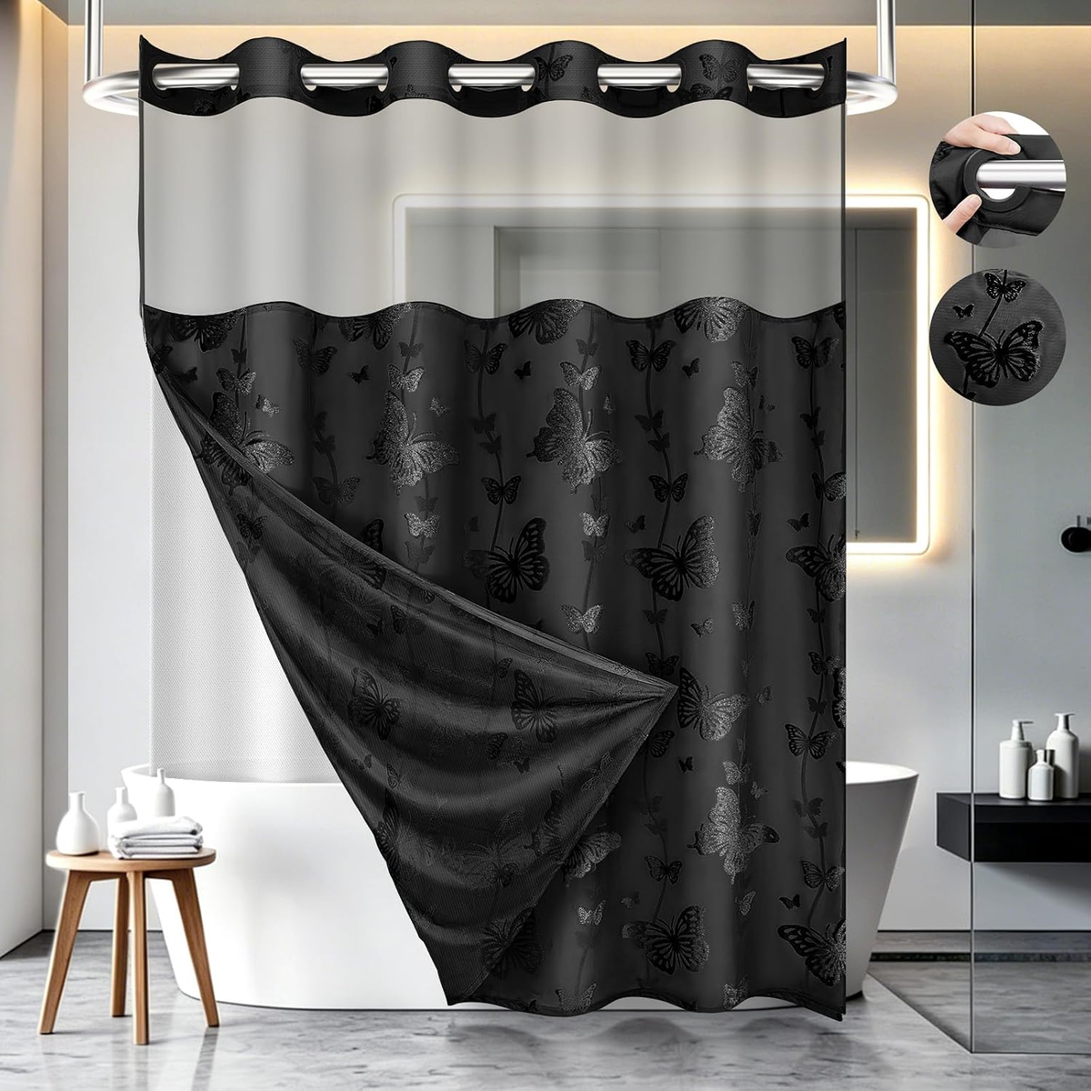 Black Butterfly Shower Curtain with Snap-In Liner Set – No Hooks Needed Bathroom Curtain