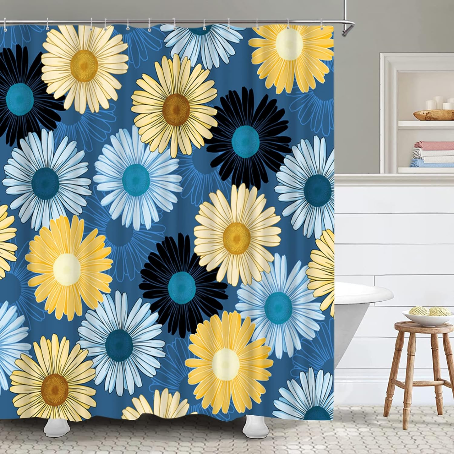 Blue and Yellow Shower Curtain Navy Blue Daisy Floral Bathroom Curtain Modern Bathroom Decor with Hooks 72"X72" Inches