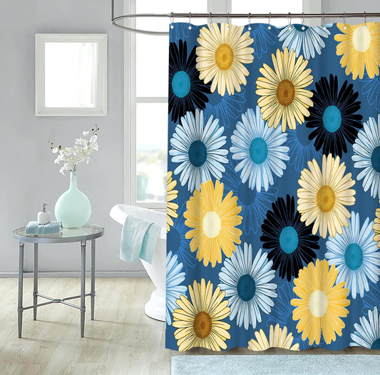 Blue and Yellow Shower Curtain Navy Blue Daisy Floral Bathroom Curtain Modern Bathroom Decor with Hooks 72"X72" Inches