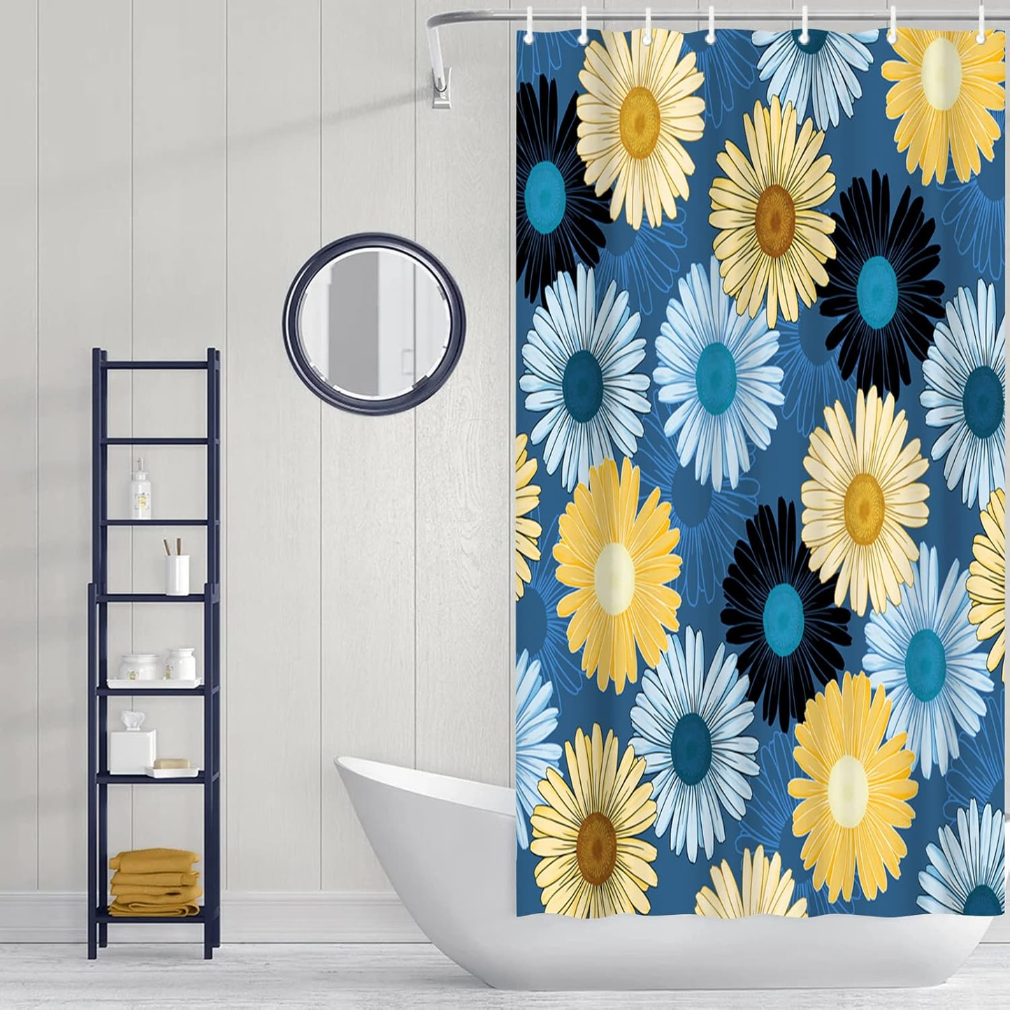 Blue and Yellow Shower Curtain Navy Blue Daisy Floral Bathroom Curtain Modern Bathroom Decor with Hooks 72"X72" Inches