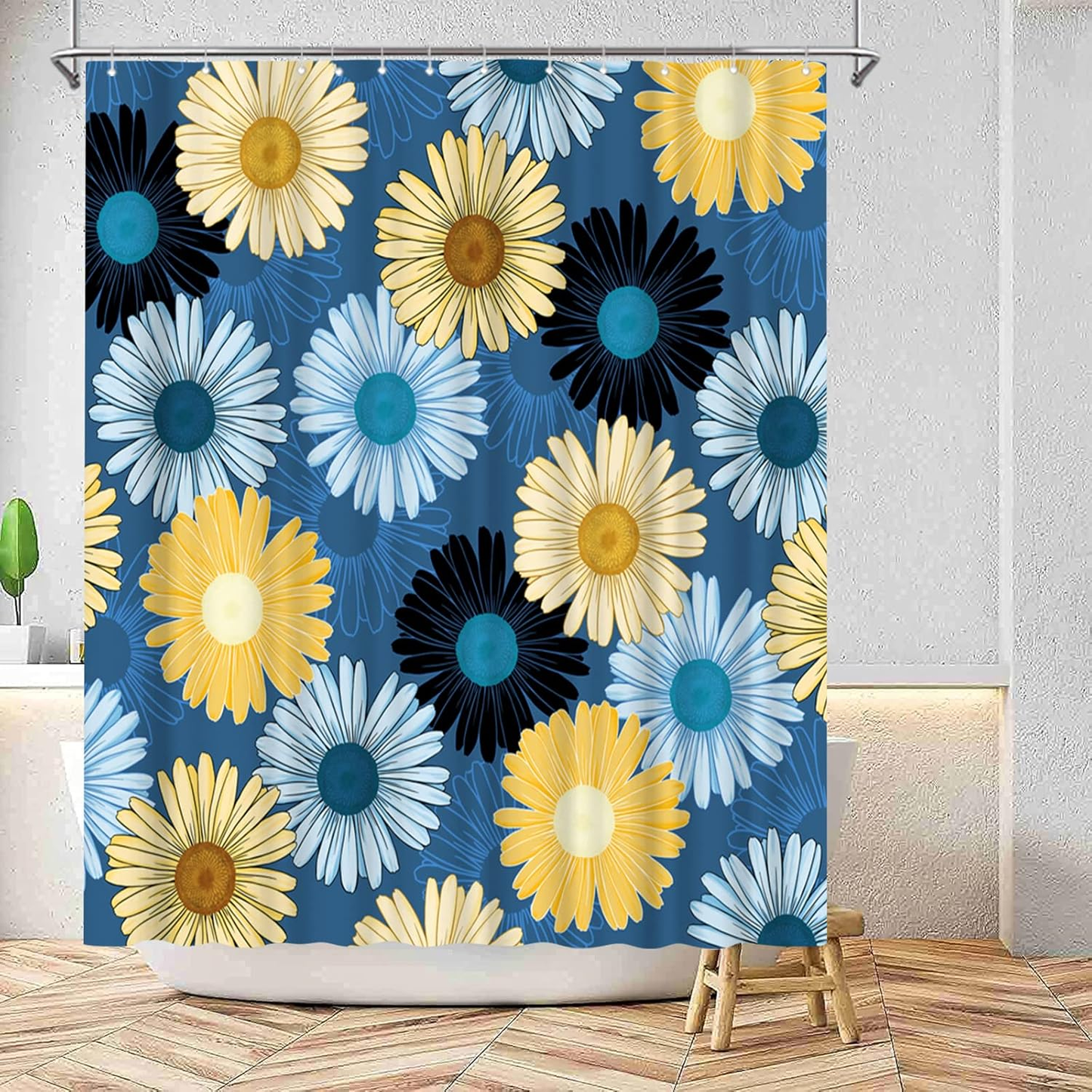 Blue and Yellow Shower Curtain Navy Blue Daisy Floral Bathroom Curtain Modern Bathroom Decor with Hooks 72"X72" Inches