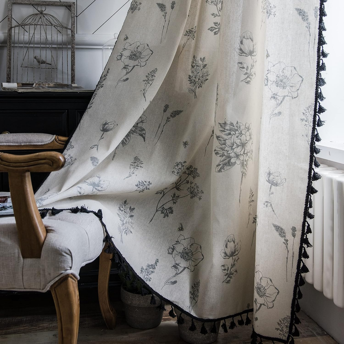 Boho Curtains with Tassels 84 Inch – Grey Floral Rod Pocket Farmhouse Window Drapes, 1 Panel (59"W x 84"L)