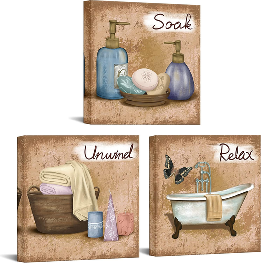 Brown Bathroom Wall Art Relax Soak Unwind Canvas Bathroom Painting Pictures for Bathroom Decor Framed Ready to Hang