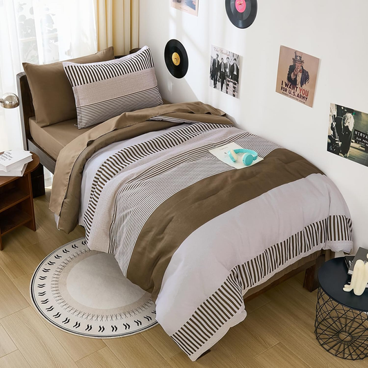 Brown Comforter Set Twin Size, Classic Striped Comforters for Girls/Boys,5 Pieces Bed in a Bag Simple Neutral-Style