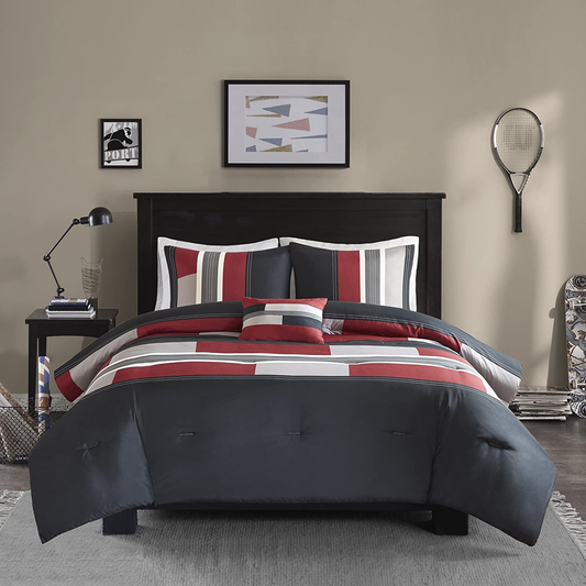 Casual Comforter Set Sporty Design, Vibrant Color, Active Lifestyle Décor, All Season Soft Microfiber Bedding Set, Black/Red Twin/Twin XL 3 Piece