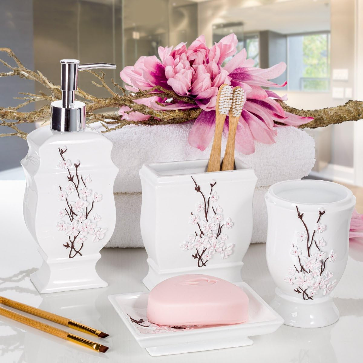 Cherry Blossom White Bathroom Accessories Set - 4 Piece Set Includes: Lotion Dispenser, Toothbrush Holder, Tumbler & Soap Dish