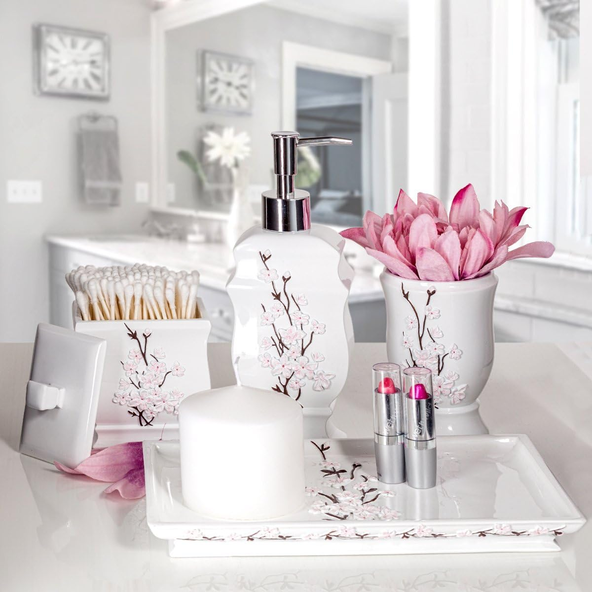 Cherry Blossom White Bathroom Accessories Set - 4 Piece Set Includes: Lotion Dispenser, Toothbrush Holder, Tumbler & Soap Dish