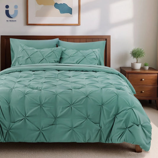 Queen Comforter Set - 7 Pieces Comforters, Pintuck Bedding Sets for All Season, Bed in a Bag with Flat Sheet and Fitted Sheet, Pillowcases & Shams, Pea Green