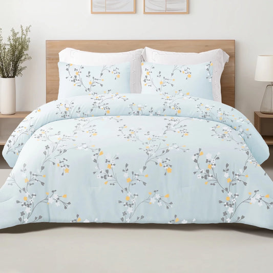 3-Piece Floral Queen Comforter Set, Microfiber Bedding down Alternative Comforter for All Seasons with 2 Pillow Shams, Light Blue