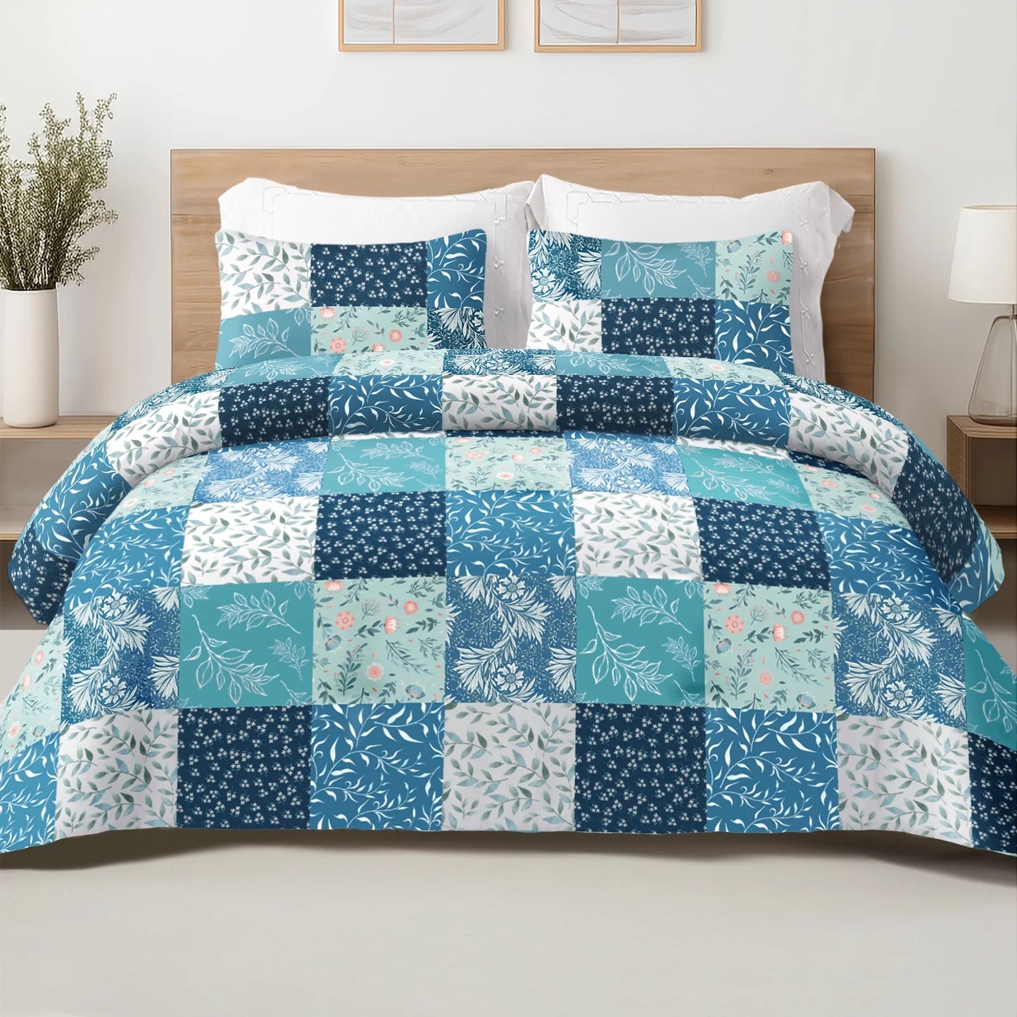 3-Piece Patchwork Queen Size Comforter Set, Microfiber Bedding down Alternative Comforter for All Seasons, Navy Blue
