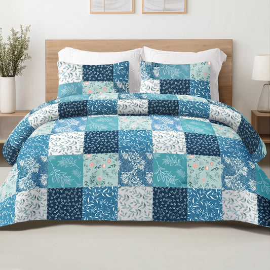 3-Piece Patchwork Queen Size Comforter Set, Microfiber Bedding down Alternative Comforter for All Seasons, Navy Blue