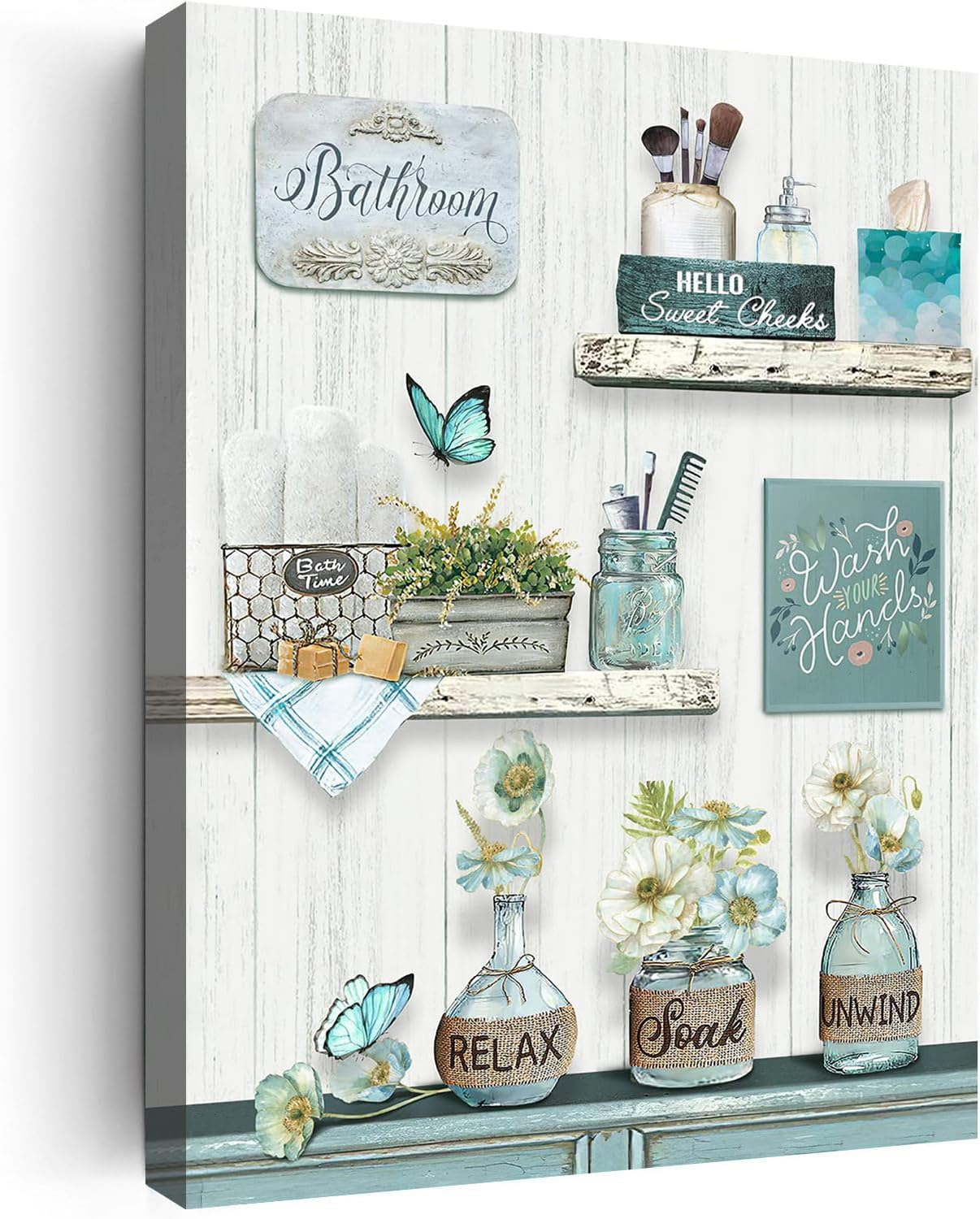 Farmhouse Wall Art Prints Relax Soak Unwind Sign Wall Decor, Painting Artwork for Bathroom Framed Ready to Hang 16X24In