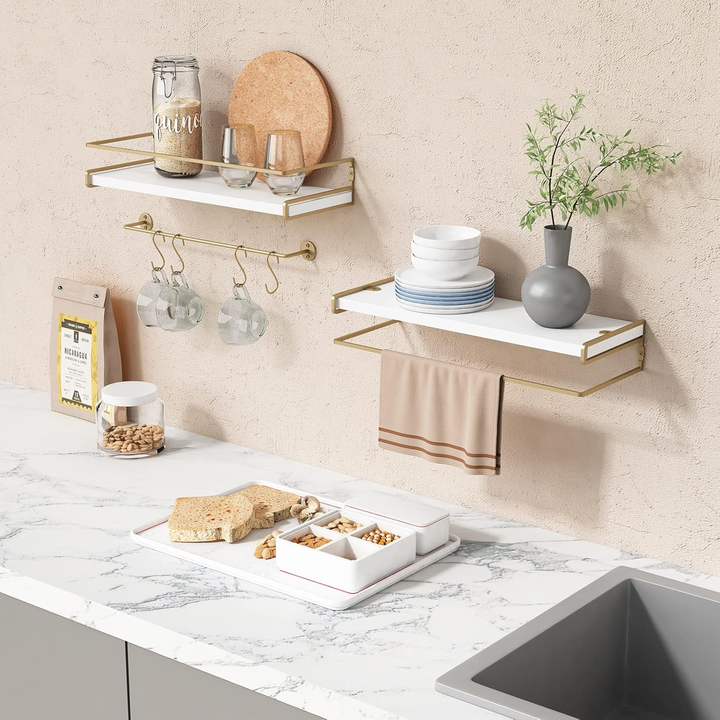 Floating Bathroom Shelves Wall Mounted, Aesthetic White and Gold Shelves for Bathroom Accessories, Modern Bathroom Organizer with Tower Bar for Wall Decor Storage Small Spaces, Set of 2
