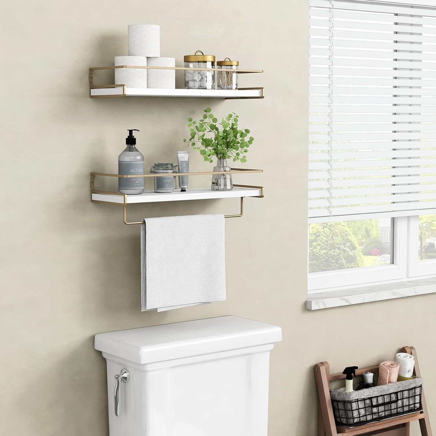 Floating Bathroom Shelves Wall Mounted, Aesthetic White and Gold Shelves for Bathroom Accessories, Modern Bathroom Organizer with Tower Bar for Wall Decor Storage Small Spaces, Set of 2