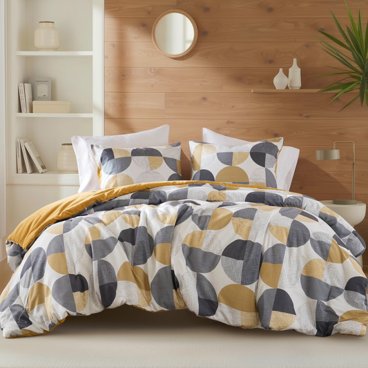 Full/Queen Size Comforter Set, Yellow Bedding Set for All Seasons, 3-Piece round Geometric Print Bedding Comforter Set