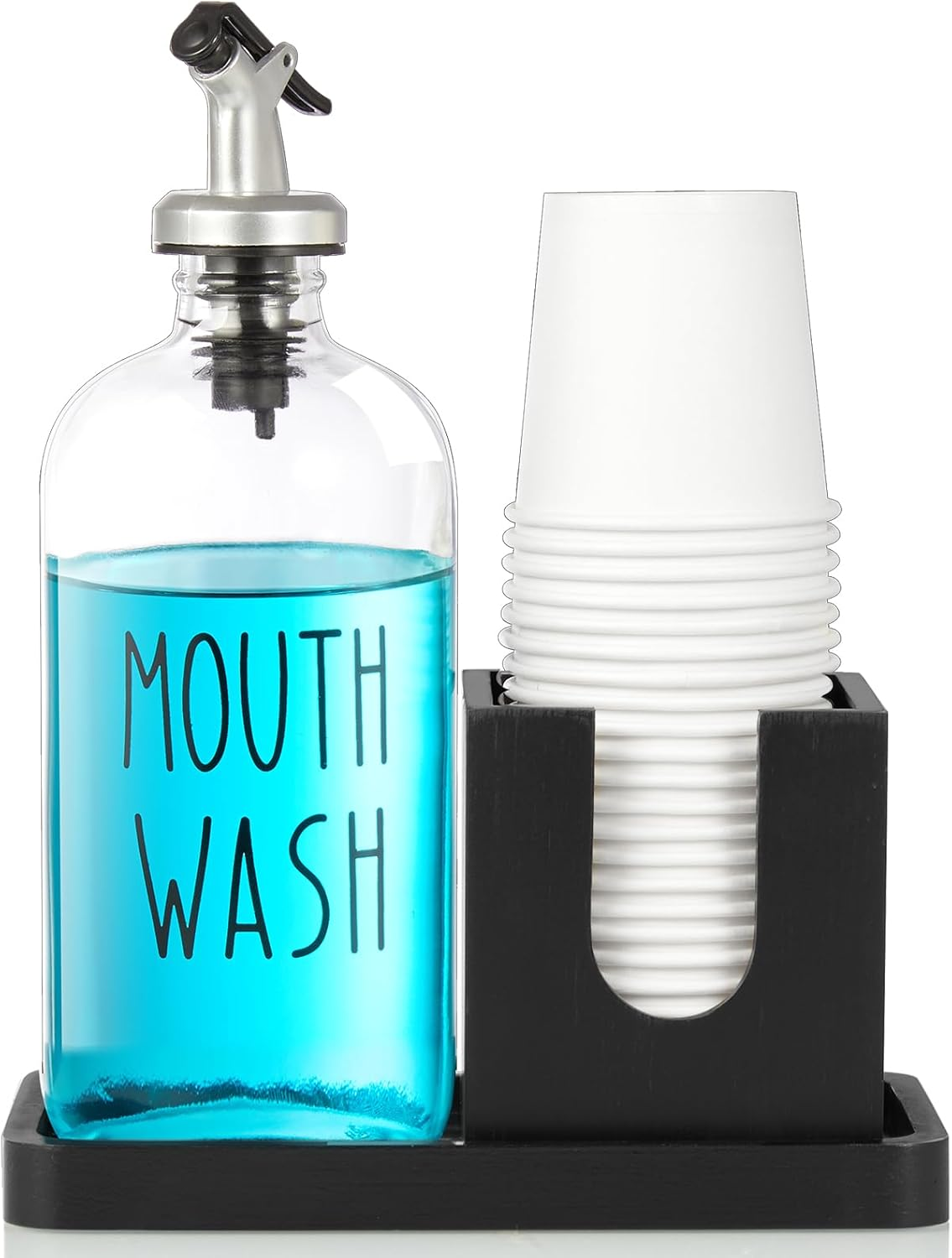 Glass Mouthwash Dispenser for Bathroom, 16 OZ Mouthwash Dispenser with Pour Spout, Wood Cup Holder & Tray, Mouth Wash Bottle Container, Black