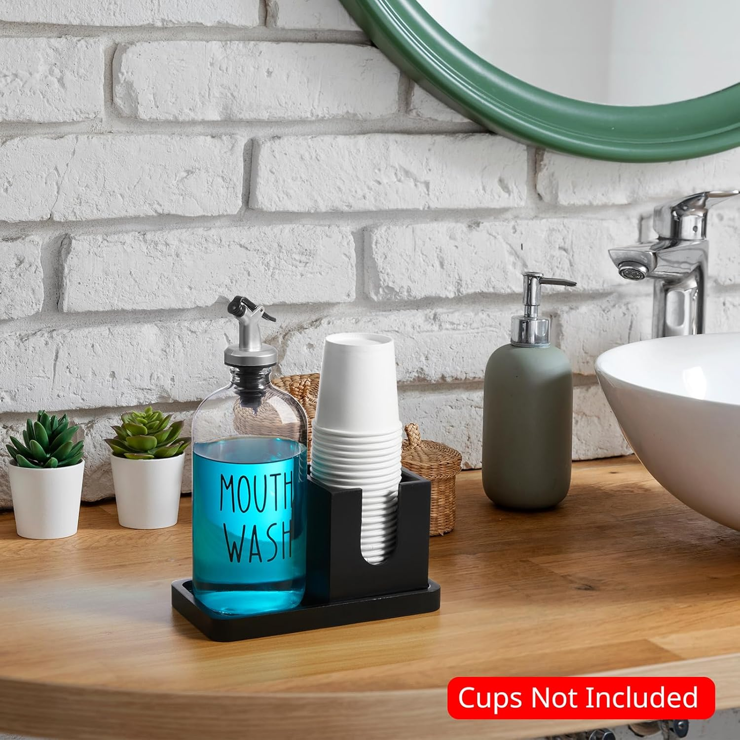 Glass Mouthwash Dispenser for Bathroom, 16 OZ Mouthwash Dispenser with Pour Spout, Wood Cup Holder & Tray, Mouth Wash Bottle Container, Black