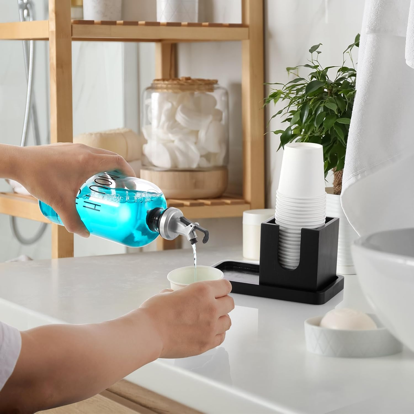 Glass Mouthwash Dispenser for Bathroom, 16 OZ Mouthwash Dispenser with Pour Spout, Wood Cup Holder & Tray, Mouth Wash Bottle Container, Black