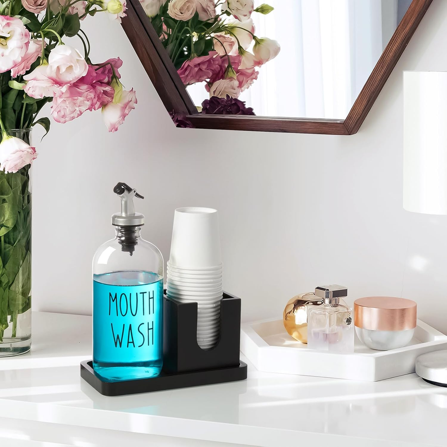 Glass Mouthwash Dispenser for Bathroom, 16 OZ Mouthwash Dispenser with Pour Spout, Wood Cup Holder & Tray, Mouth Wash Bottle Container, Black