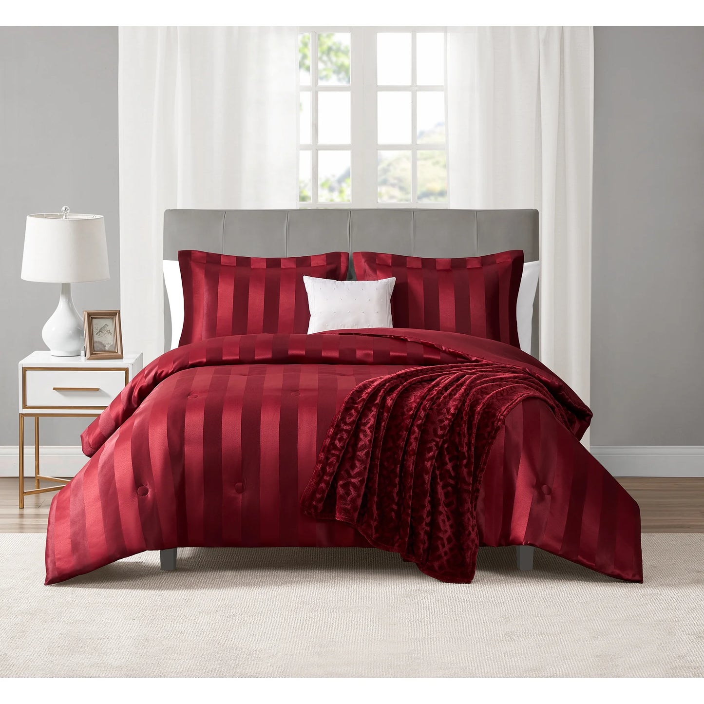 Luscious Merlot 5 Piece Damask Stripe Comforter Set, King