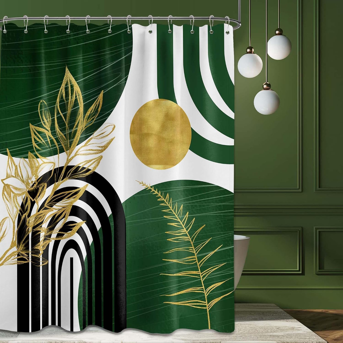Olive Green and Gold Shower Curtain 72x72 Inch – Mid-Century Modern Fabric Bathroom Curtain