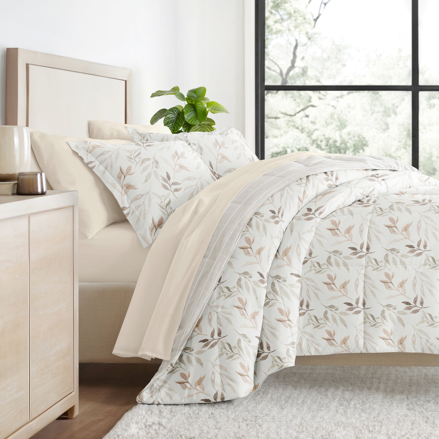 Queen Bedding Bundle, Patterned Microfiber Comforter and Solid Sheet Set in Foliage Stripe Ivory
