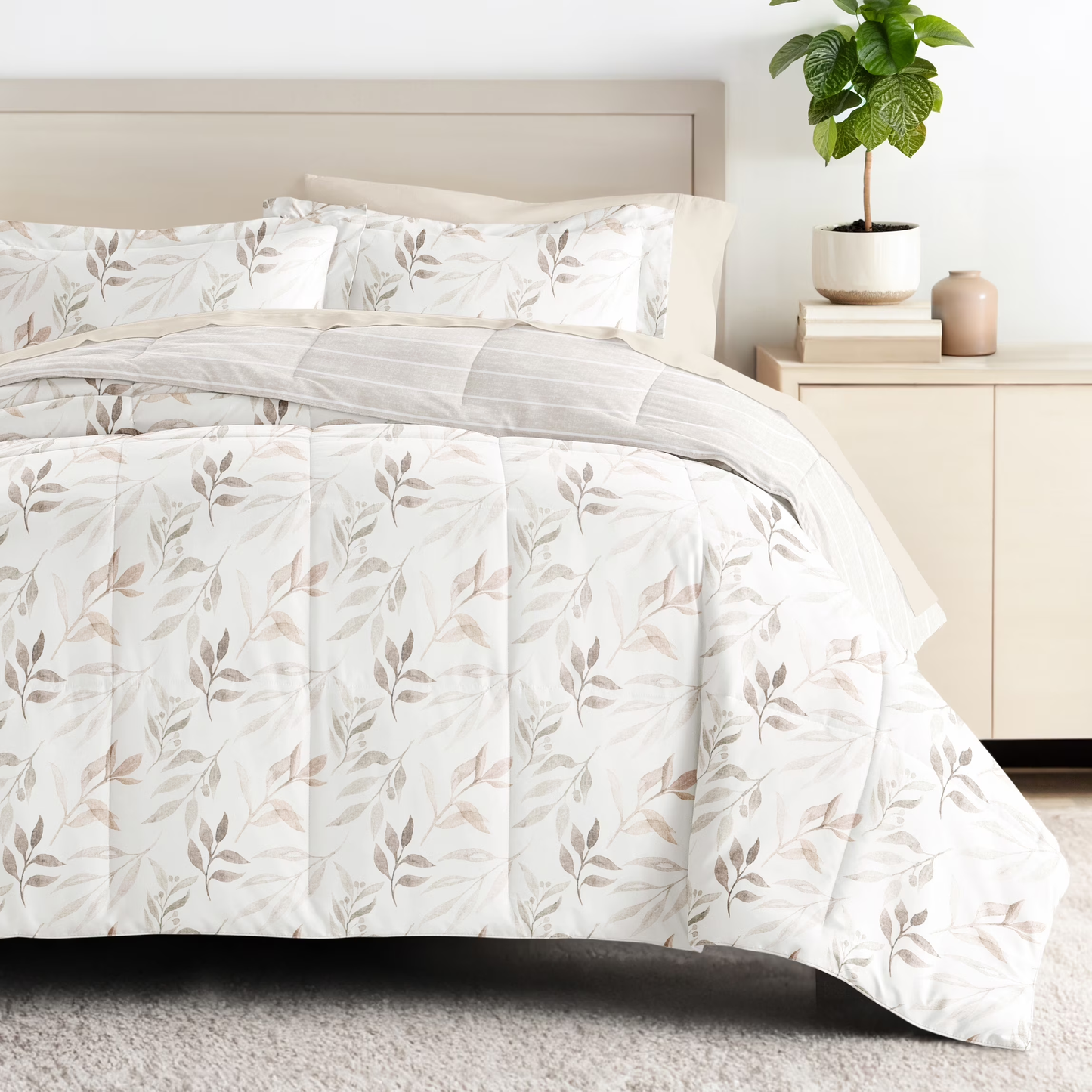 Queen Bedding Bundle, Patterned Microfiber Comforter and Solid Sheet Set in Foliage Stripe Ivory