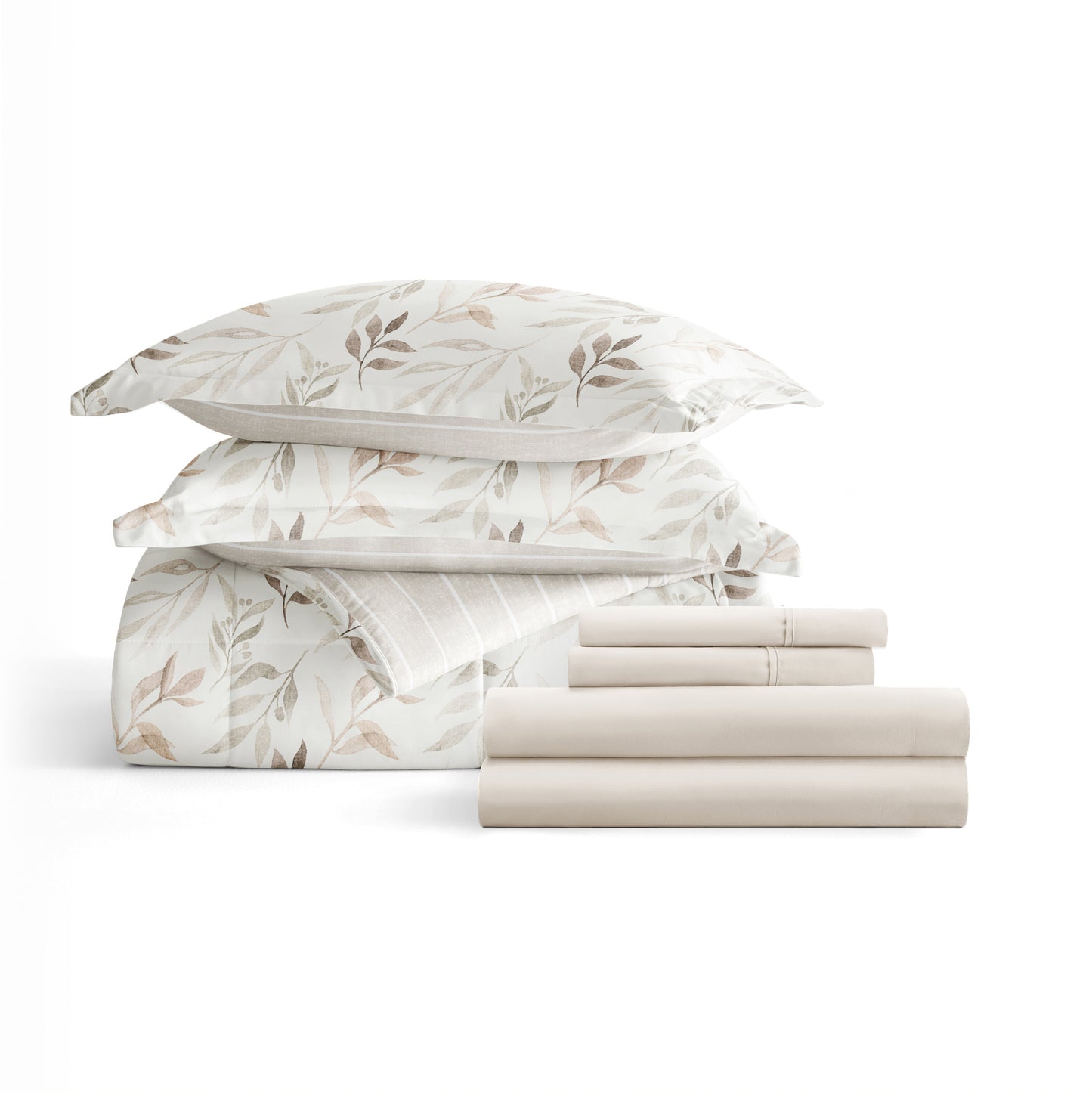 Queen Bedding Bundle, Patterned Microfiber Comforter and Solid Sheet Set in Foliage Stripe Ivory