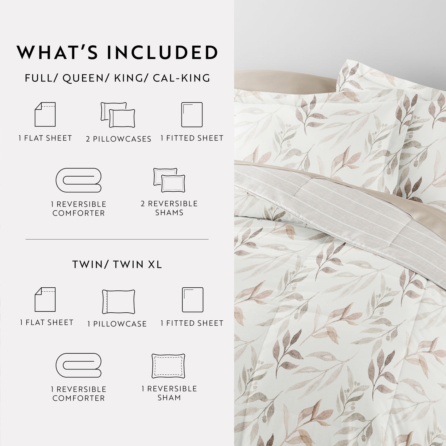 Queen Bedding Bundle, Patterned Microfiber Comforter and Solid Sheet Set in Foliage Stripe Ivory
