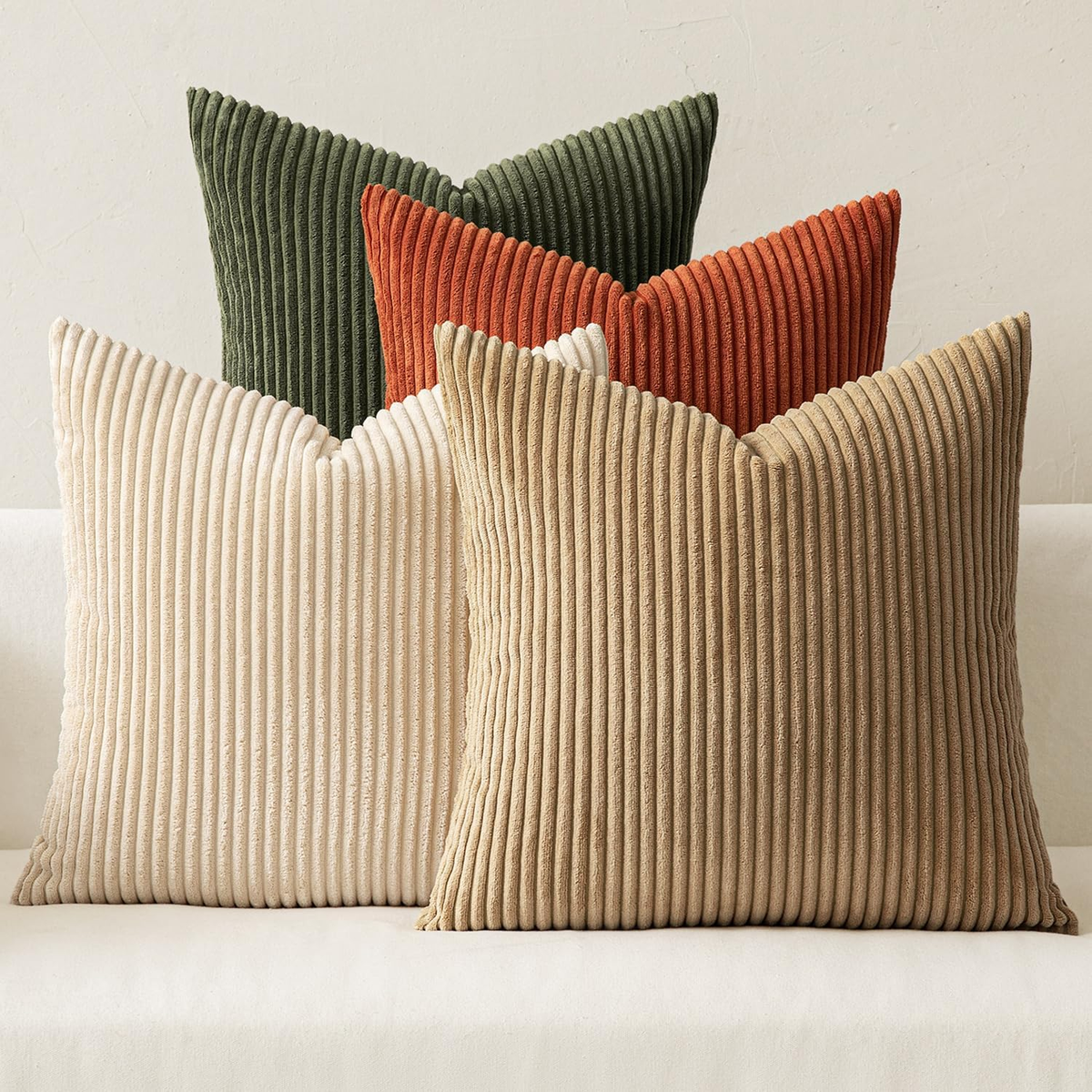 Rust & Olive Green Corduroy Throw Pillow Covers — Set of 4 | 20x20 Fall Boho