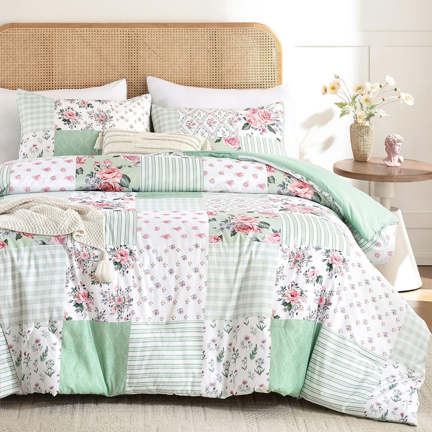 Twin Comforter Set - Green Spring Floral Comforter Twin Size Patchwork Flower Cozy Bedding Set 2 Pieces for All Season
