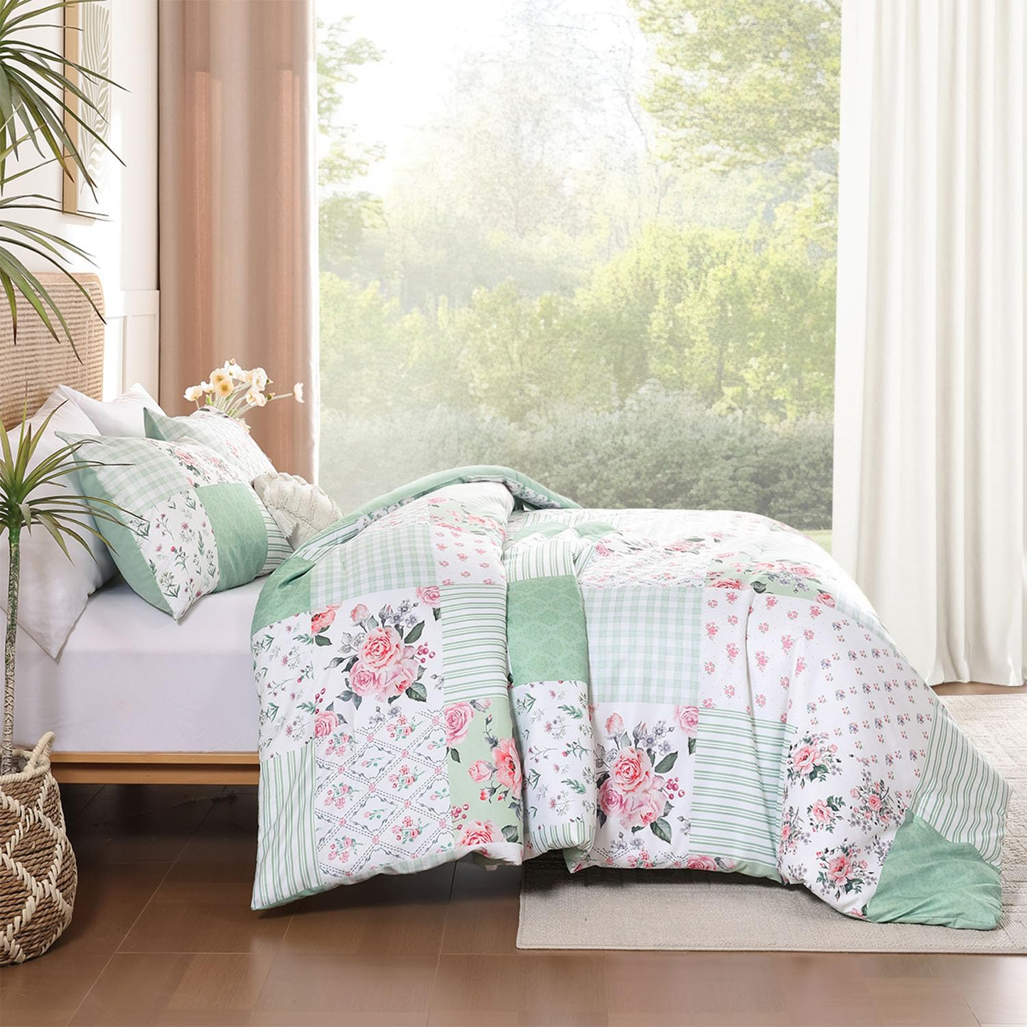 Twin Comforter Set - Green Spring Floral Comforter Twin Size Patchwork Flower Cozy Bedding Set 2 Pieces for All Season