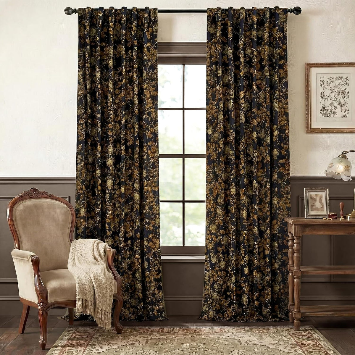 Vintage Floral Curtains 90 Inch 2 Panels Luxury Gold Velvet Drapes