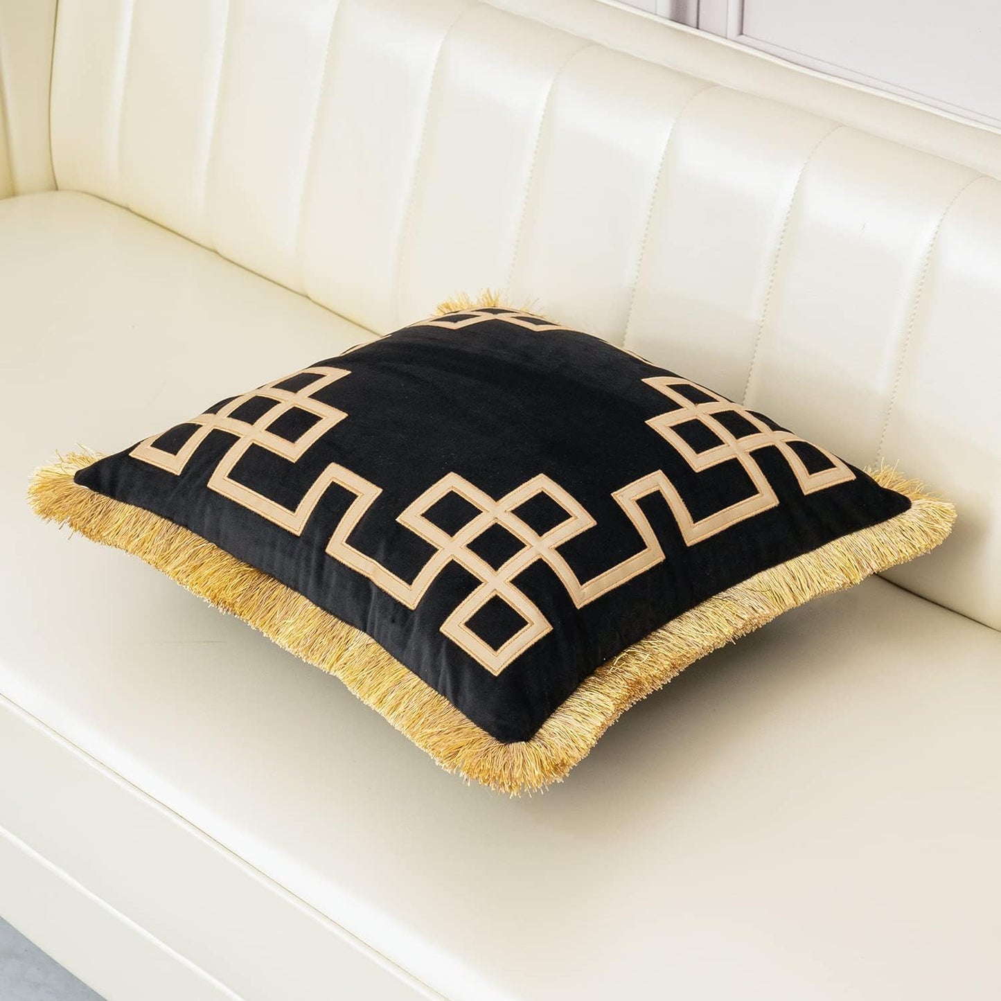 18 X 18 Inch Luxury European Home Decorative Pillow with Tassels, Velvet, Black Gold