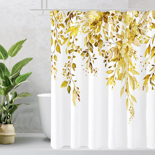 Yellow Eucalyptus Shower Curtain, Watercolor Plant Leaves with Hooks, 72X72