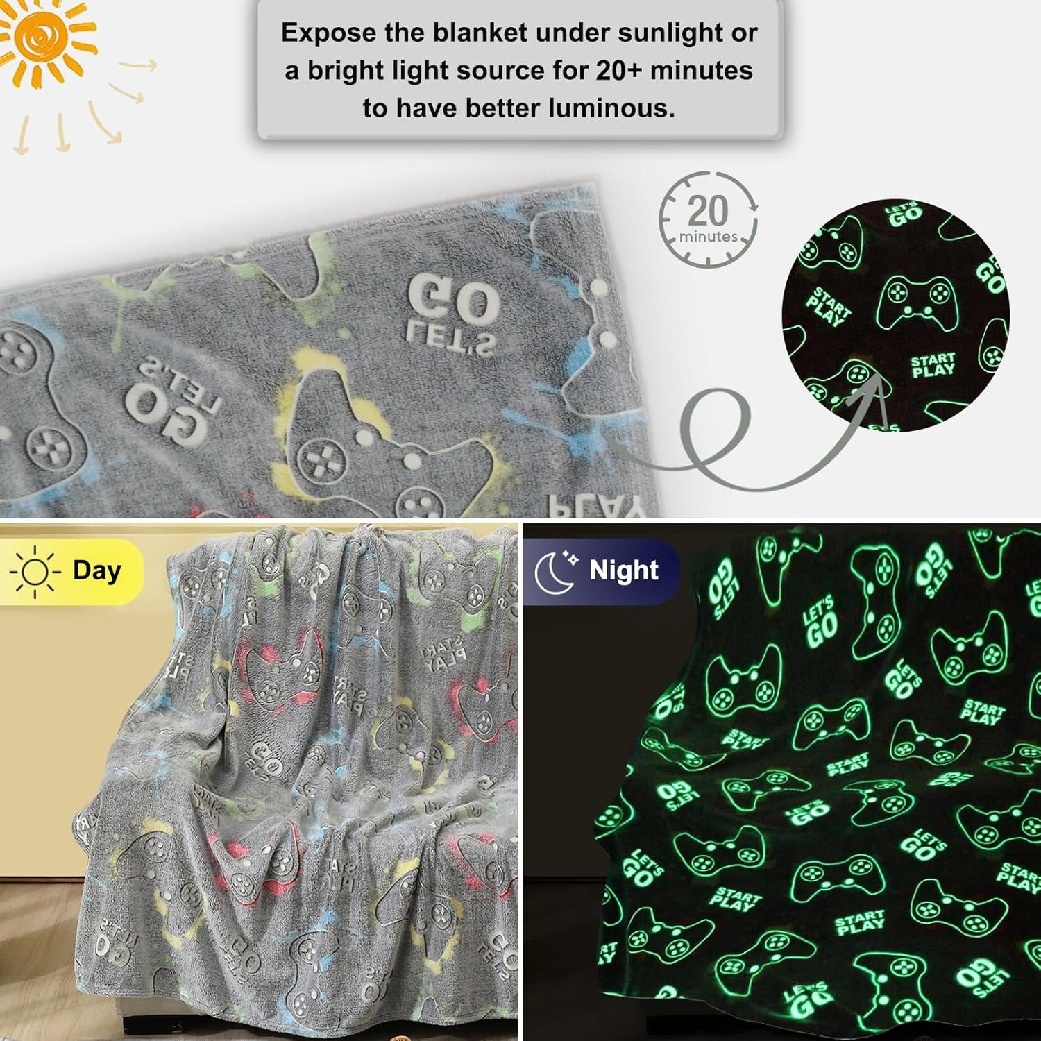 Glow in the Dark Gaming Blanket, Grey 50"X60"