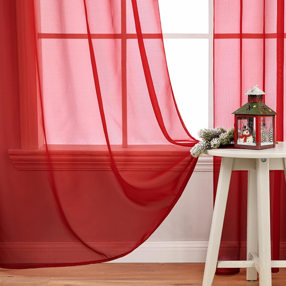 Sheer Curtains Set, Elegant, W54 X L84 Inch, Haute Red, 2 Panels