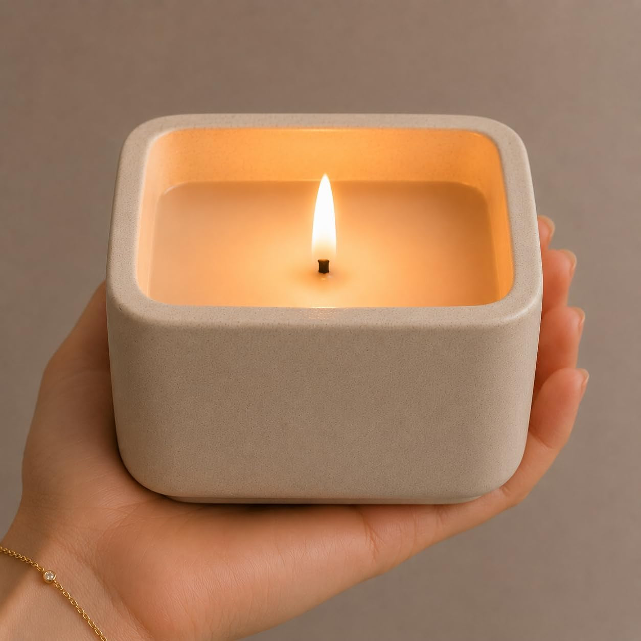 Flameless Square LED Candle with Real Wax in a Cement Base, Battery Operated, 500+ Hours (Ivory)