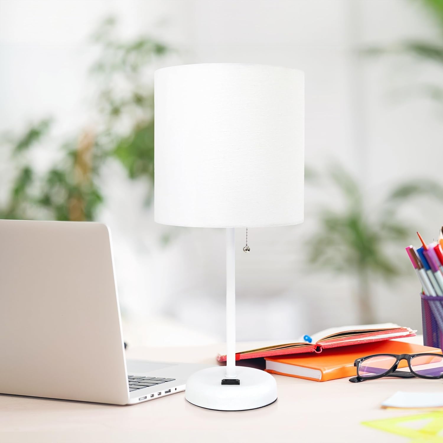 LT1144-WOW Sleek and Slender White Table Lamp with Charging Outlet for Bedroom, White Shade