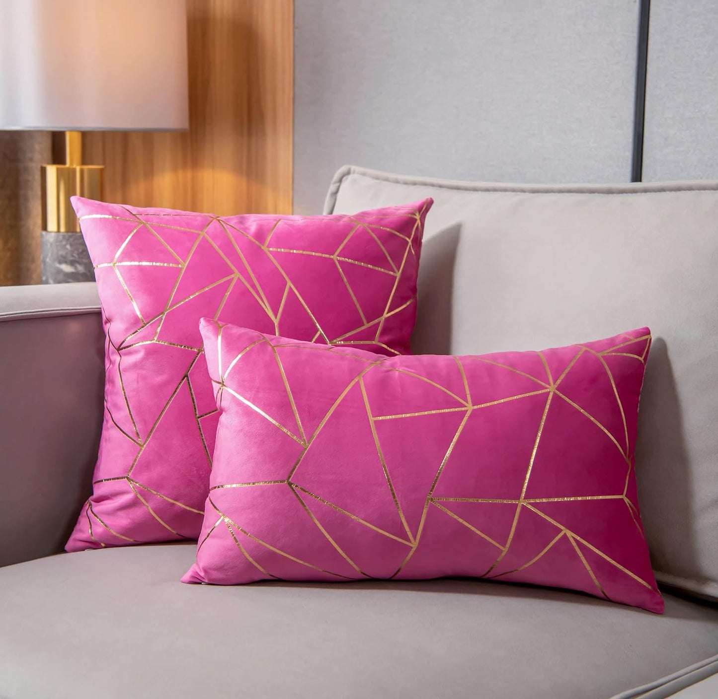 Pack of 2 Soft Velvet Lumbar Throw Pillow Covers Decorative Golden Foil Geometric Pattern Rectangle Cushion Case for Modern Homes Couch Sofa Bedroom Living Room Car Chair(Super Pink, 12“X20”)