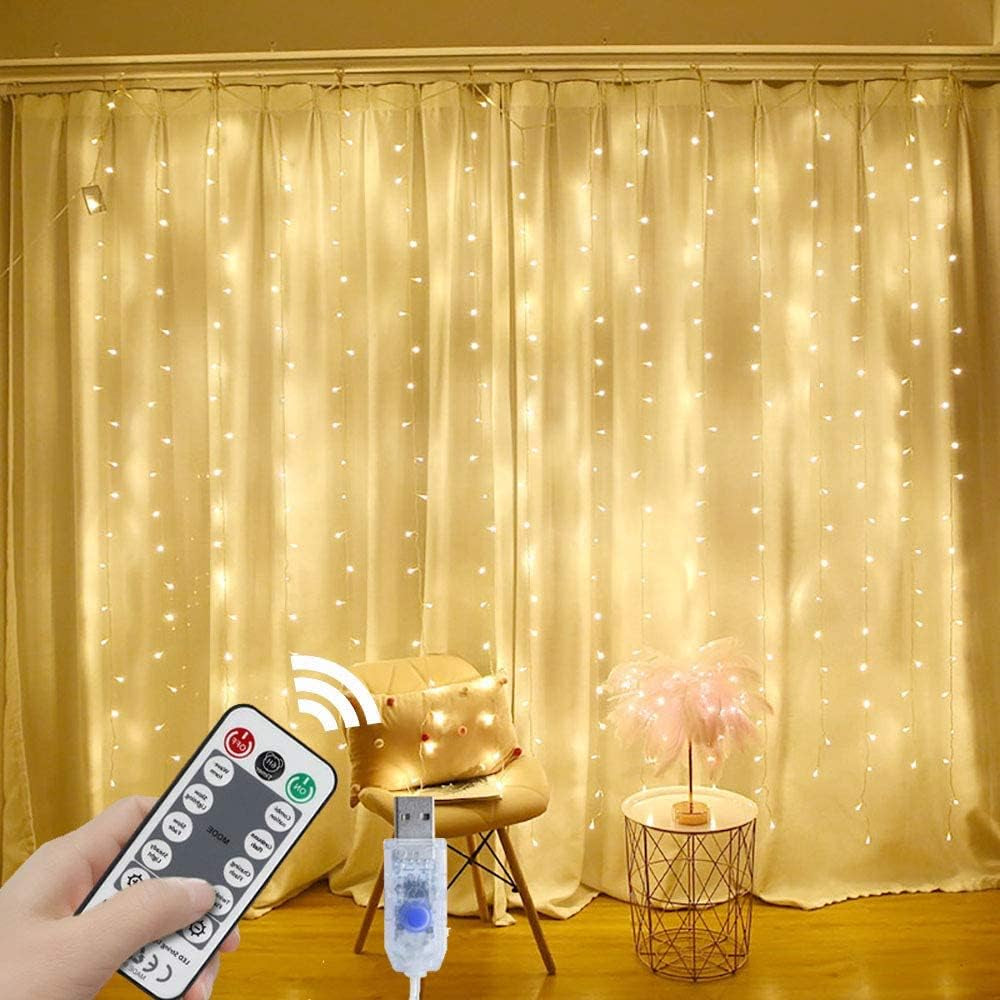String Lights Curtains Powered Fairy Lights ,8 Lighting Modes & IP64 Waterproof (Warm White)
