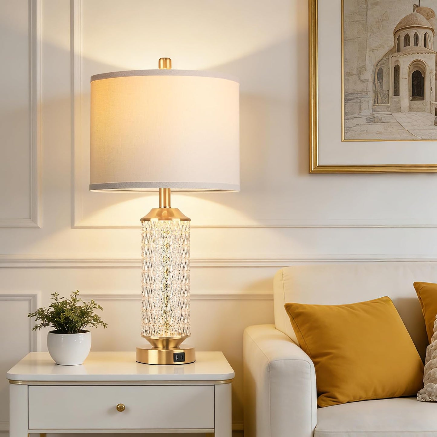 Glass Table Lamps Set of 2, Modern Gold Lamps, Two 2700K LED Bulbs, High-Transparency Glass Body