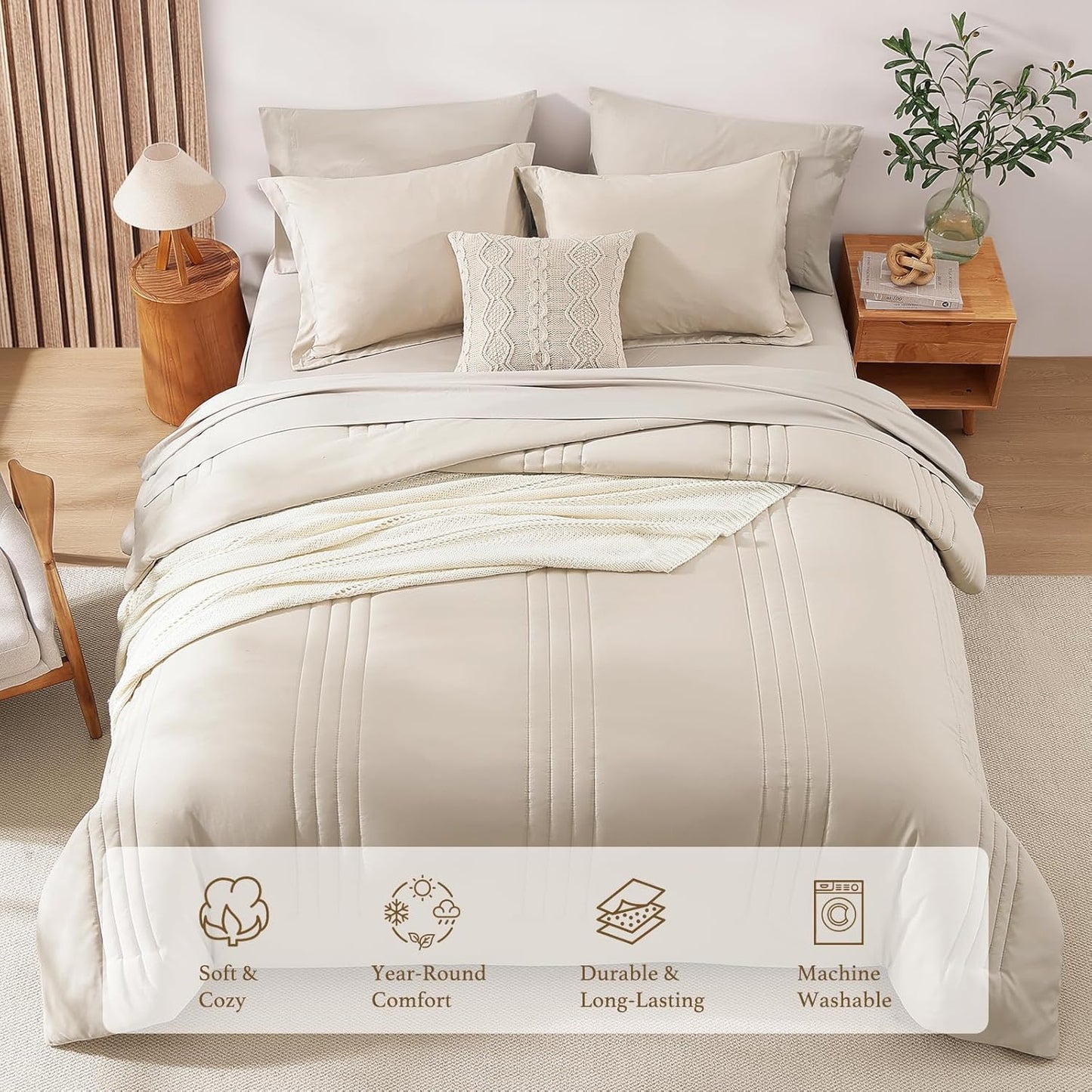 Queen Comforter Set-7 Pieces Beige Soft Bed in a Bag Queen Bedding Sets