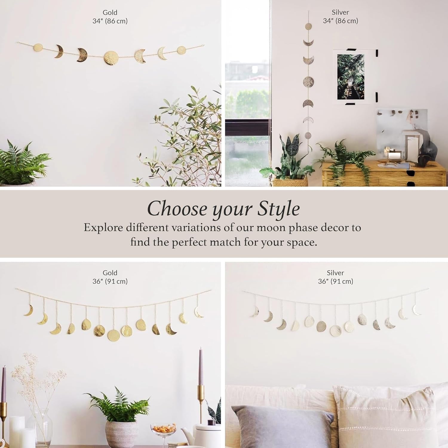 Moon Phase, Gold Wall Decor for Bedroom, Handmade Hammered Metal 36" 13 Phases Moon, Celestial Wall Art, Gift for Women & Kids