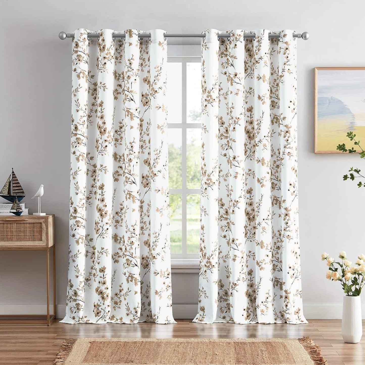 Floral Curtains, Farmhouse Coffee Apricot Flower Print 52X84 Inch, 2 Panels