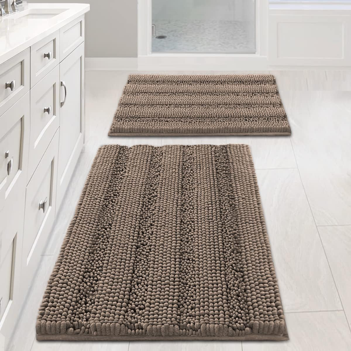 Chenille Bathroom Rugs Sets, 2 Piece Extra Soft and Absorbent Striped Floor Rugs, Taupe Brown