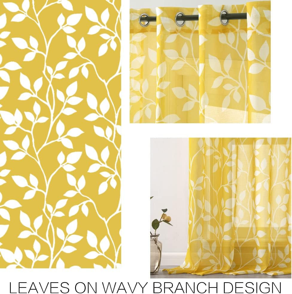 Yellow Sheer Pattern Curtains 84 Inches Long, Spring Decor Lightweight Leaf Floral Printed Curtains 2 Panels Set, Mustard Yellow and White
