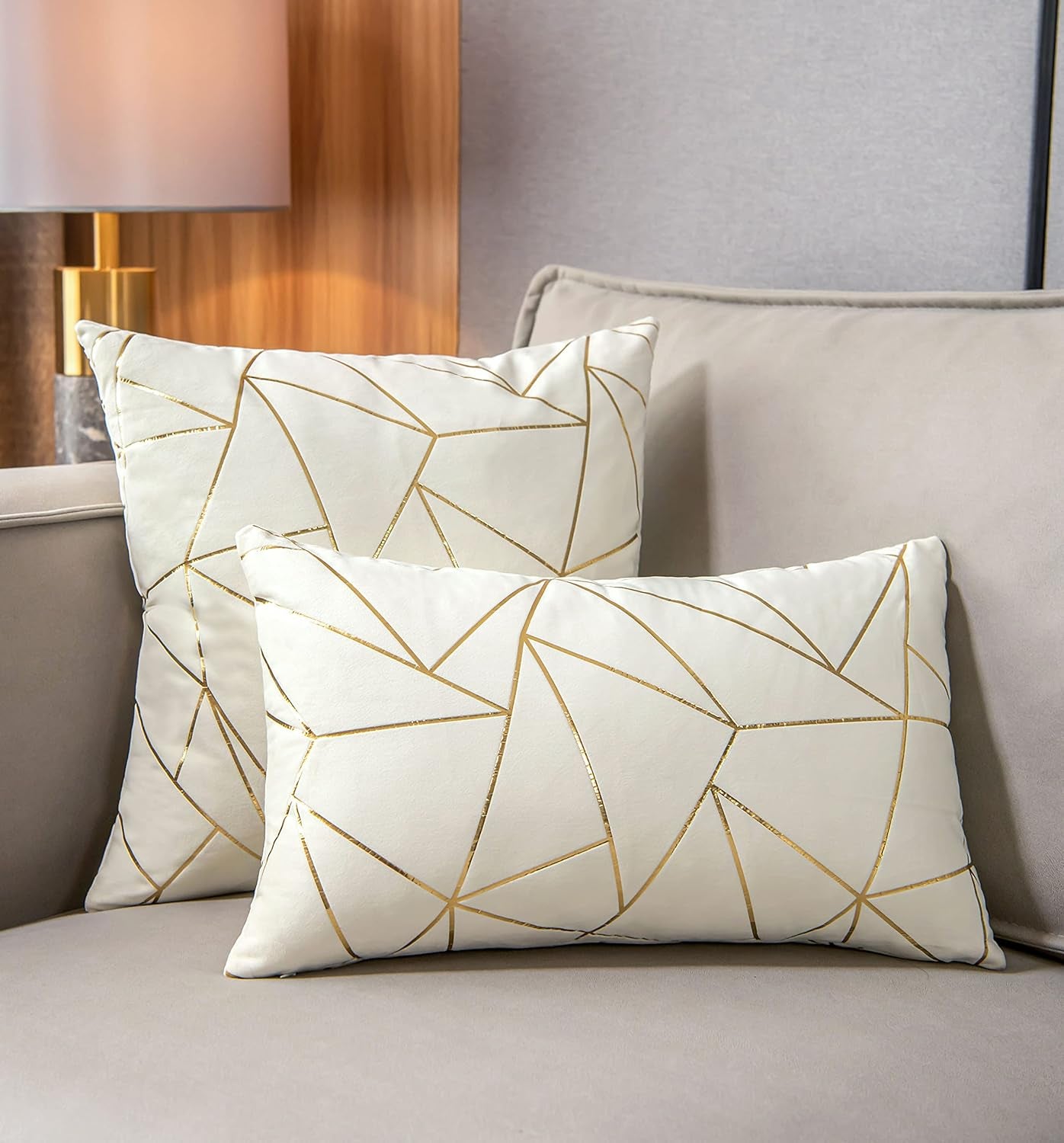 Pack of 2 Velvet Lumbar Throw Pillow Covers Velvet Decorative Soft Gold Foil Geometric Pattern Cute Cushion Case for Modern Homes Sofa Couch Bedroom Living Room Car (White and Gold, 12“X20”)